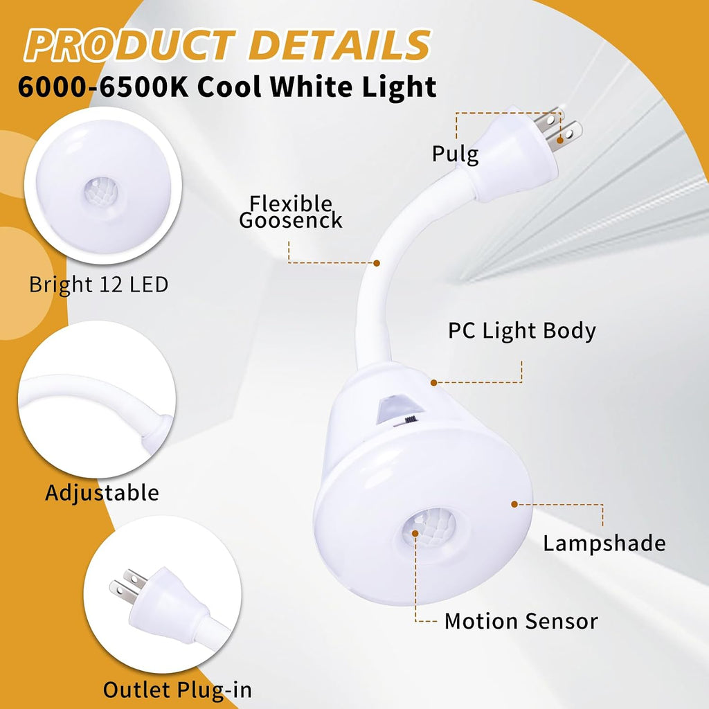 Plug in Motion Sensor Night Light Indoor LED Infrared Motion Detector Night Light for AC Outlet, Dusk to Dawn Sensor, 360° Rotating for Stairs Garage, 6W Cool White Light US Plug