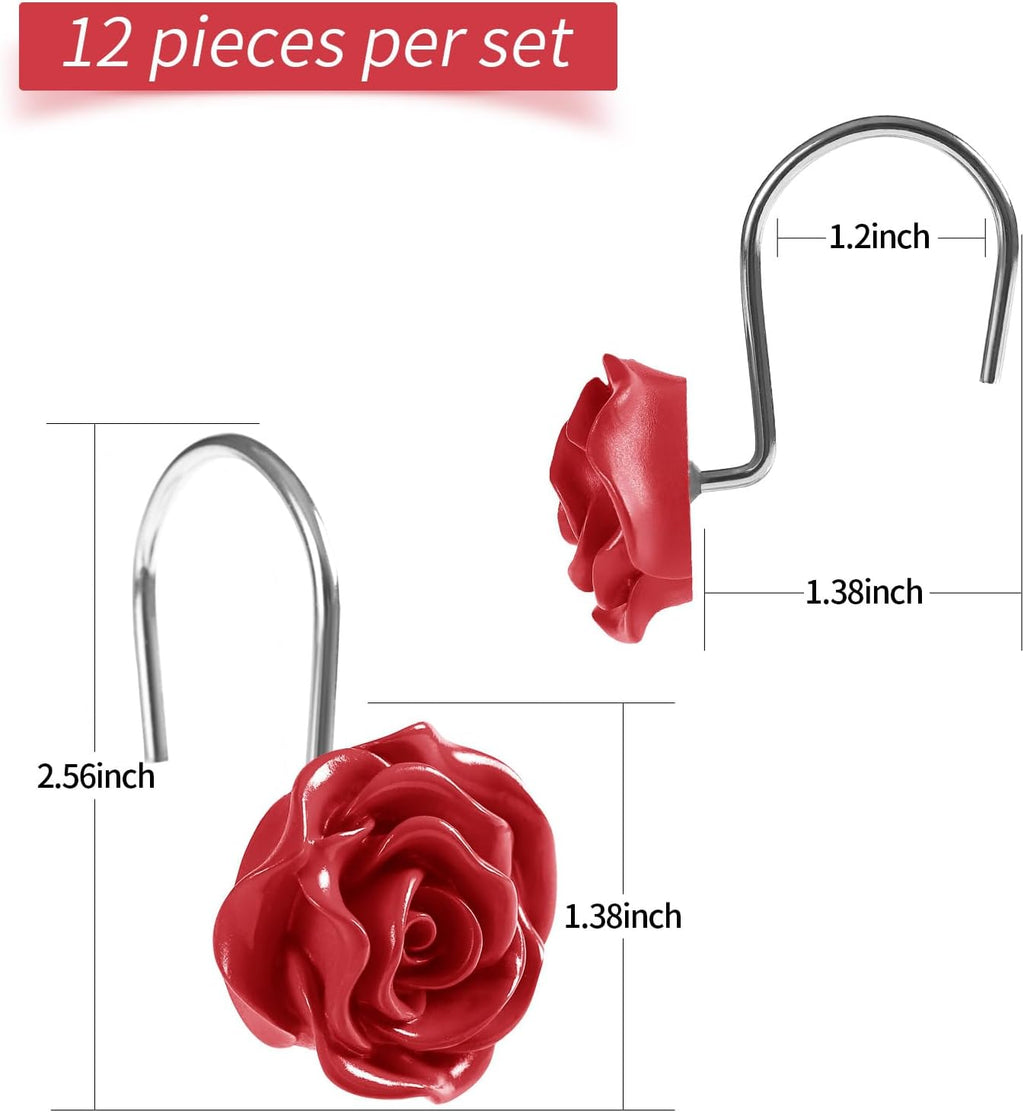 Cute Rose Floral Shower Curtain Hooks Rings for Bathroom,Red 12PCS