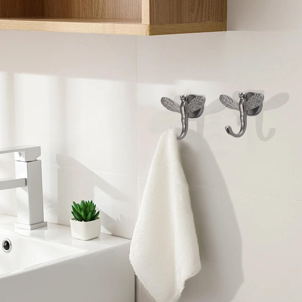 2 Pack Dragonfly Decorative Wall Hooks, Vintage Boho Coat Hooks Heavy Duty, Zinc Alloy Rust-Proof Towel Hooks for Bathroom, Entryway Hooks for Hanging Coat, Towel, Robe, Hat, Purse, Keys(Grey)