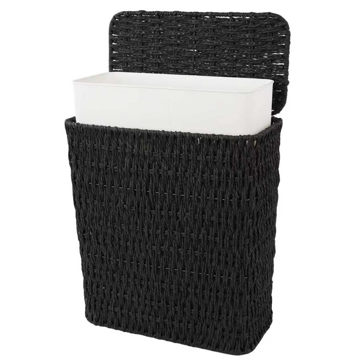 Coeusy 3 Gallon Paper Rope Bathroom Trash Can,Small Wicker Trash Cans with Lid and Liner,Woven Rattan Narrow Waste Basket for Bedroom,Office,Black
