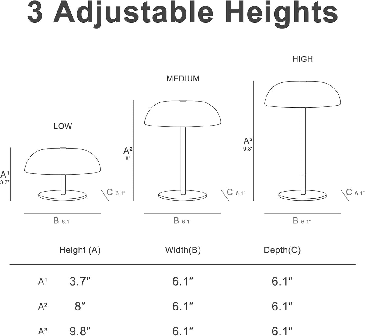 Portable LED Mushroom Table Lamp, Cordless Gold Table Lamp with 3 Color Stepless Dimming, Touch Control, Adjustable Height, Touch Lamp for Nightstand, Bedroom, Coffee Table, Bar, Restaurant (Silver)