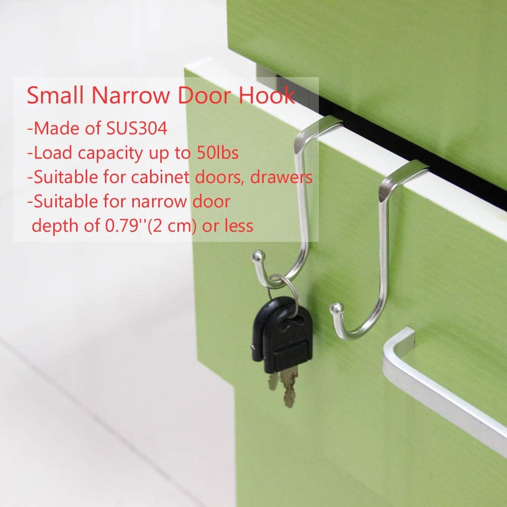 Poeland Over Cabinet Drawer Double Hooks 304 Stainless Steel Narrow Door Hook for Kitchen, Bathroom, Drawer, Wardrobe Door, Cabinet Door, Office Cubicle Partition Hook Pack of 4