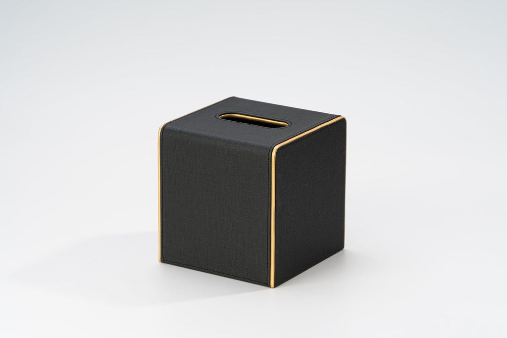 Ukwell Square Tissue Box Cover Linen-Textured Faux Leather Tissue Holder with Gold Trim Modern Home Decor Piece for Home & Office