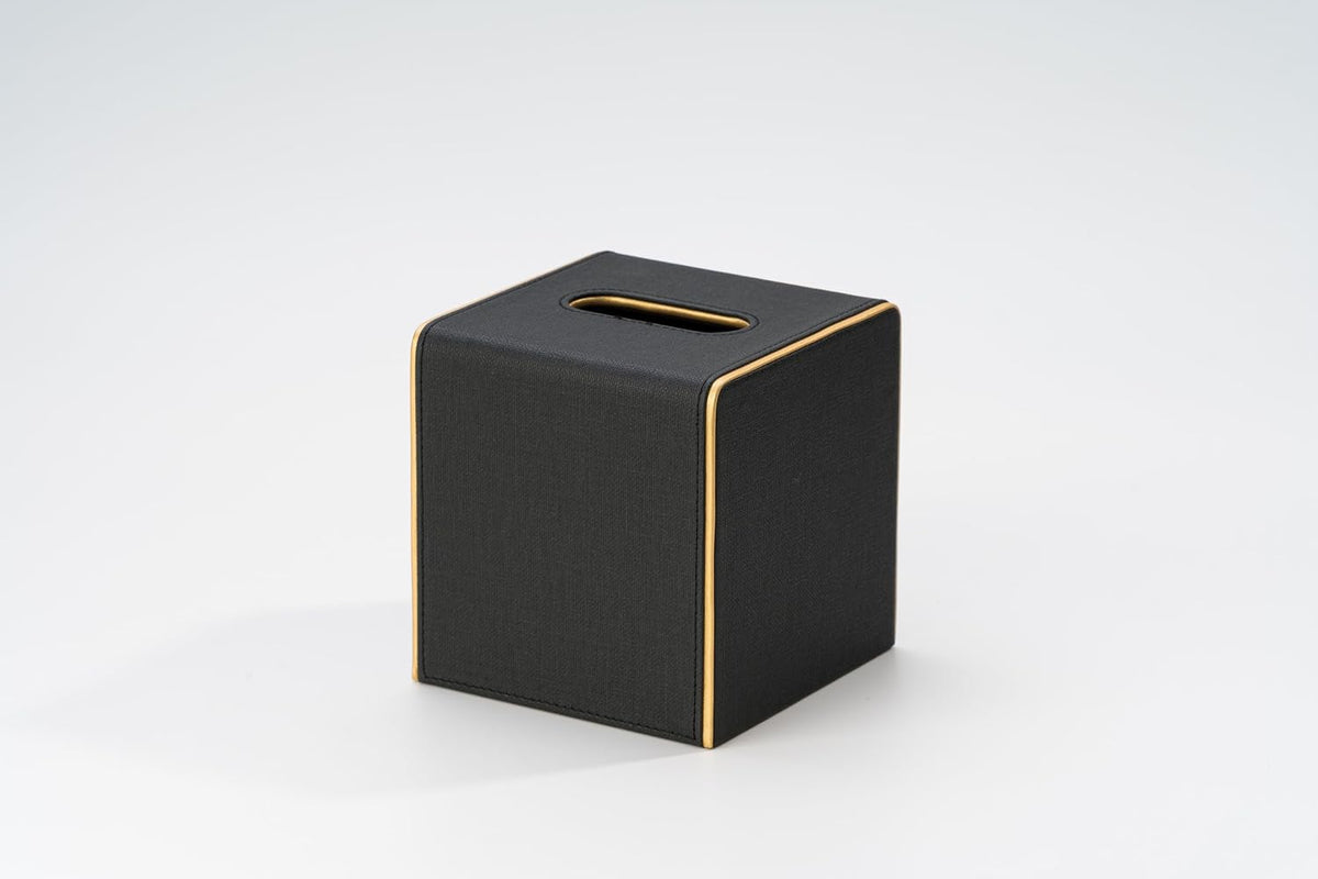 Ukwell Square Tissue Box Cover Linen-Textured Faux Leather Tissue Holder with Gold Trim Modern Home Decor Piece for Home & Office