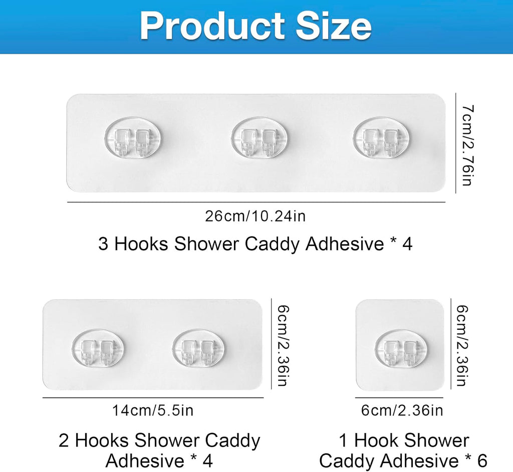 Upgraded Shower Caddy Adhesive Replacement,Strong Adhesive Hooks for Shower Caddy, Waterproof Shower Shelf Adhesive, Shower Adhesive Strips for Shower Organizer and Kitchen Racks (14 Pcs (Mix Hooks))