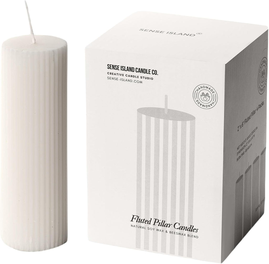 White Ribbed Pillar Candles 2x6'' Fluted Column Modern Home Décor Soy Wax Handmade (4 Packs, Natural White) Unscented, Aesthetic Decorative Textured Candle Set