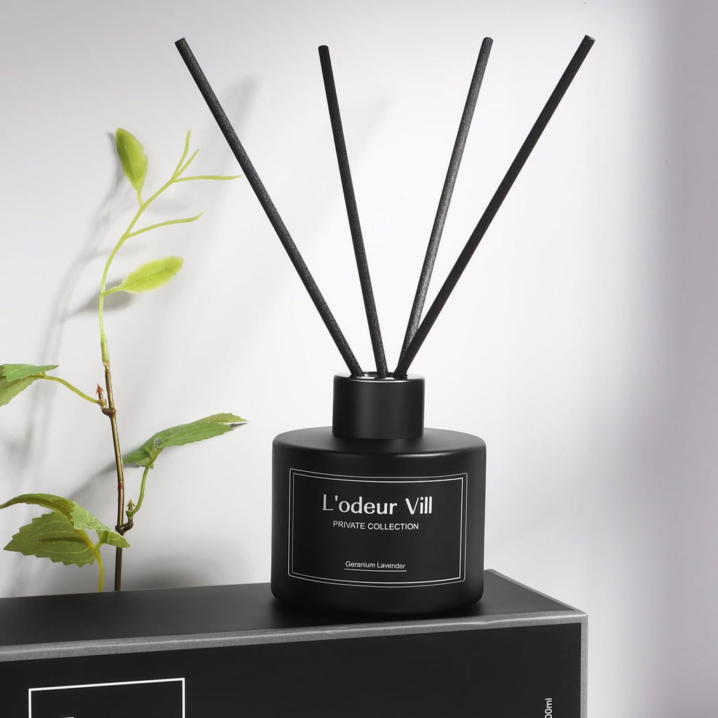 L'odeur Vill Reed Diffuser, 3.4oz(100ml) Lavender Geranium Diffuser Set with 6 Oil Diffuser Sticks, Matte Black Aroma Scent Diffuser, Long Lasting Home Fragrance for Bathroom Shelf Decor