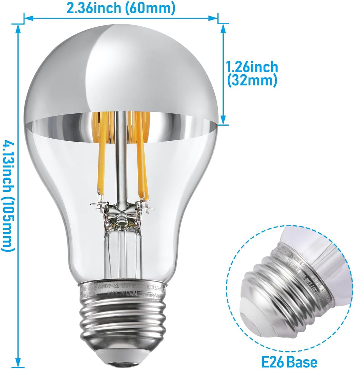 TORCHSTAR 2-Pack A19 Dimmable Half Chrome Light Bulb UL Listed 2700K Silver
