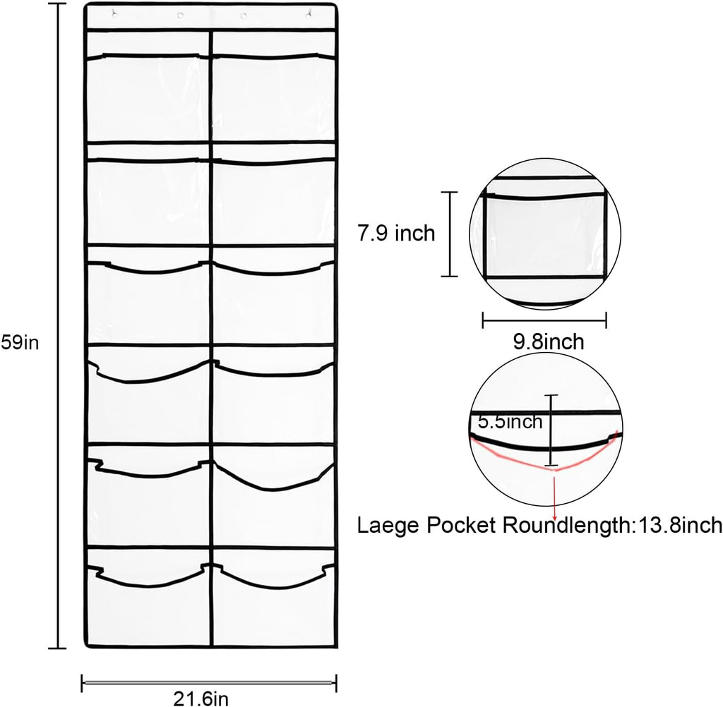Clear Crystal 1 Pack 12Pockets Large Hanging Shoe Organizer Over The Door Shoe Rack for Closet Door Storage Shoe Holder Hanger, 4Hooks, White (59'' x 21.6'')