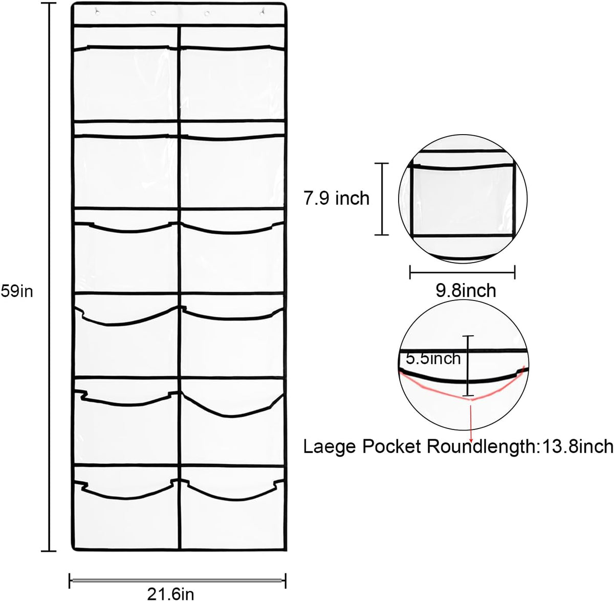 Clear Crystal 1 Pack 12Pockets Large Hanging Shoe Organizer Over The Door Shoe Rack for Closet Door Storage Shoe Holder Hanger, 4Hooks, White (59'' x 21.6'')
