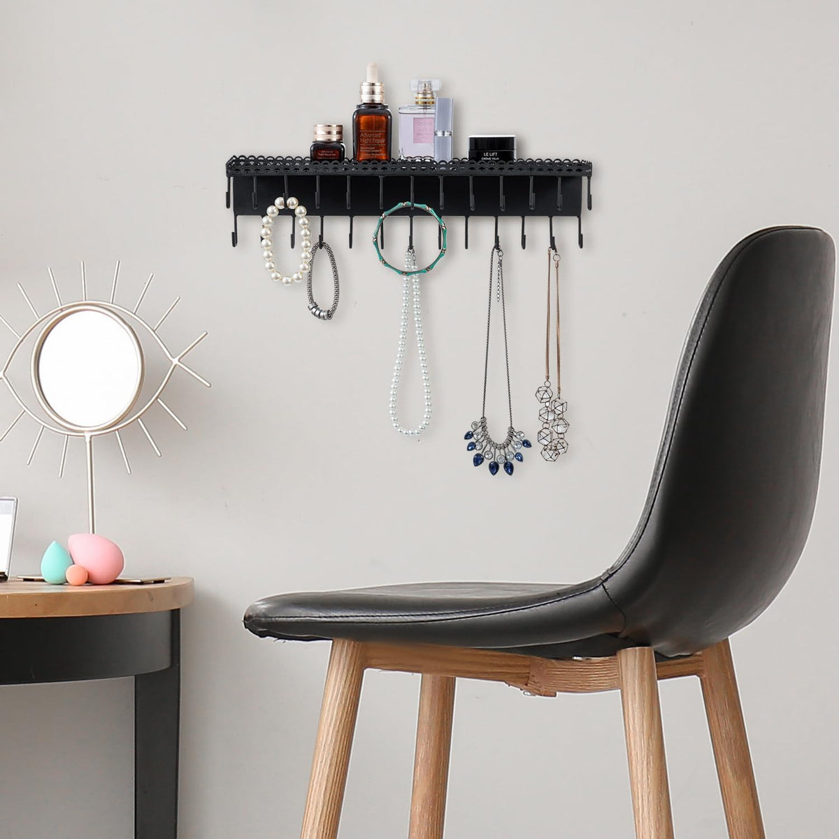 MyGift 15 Inch Wall Mounted Jewelry Organizer with 26 Hooks & Top Shelf