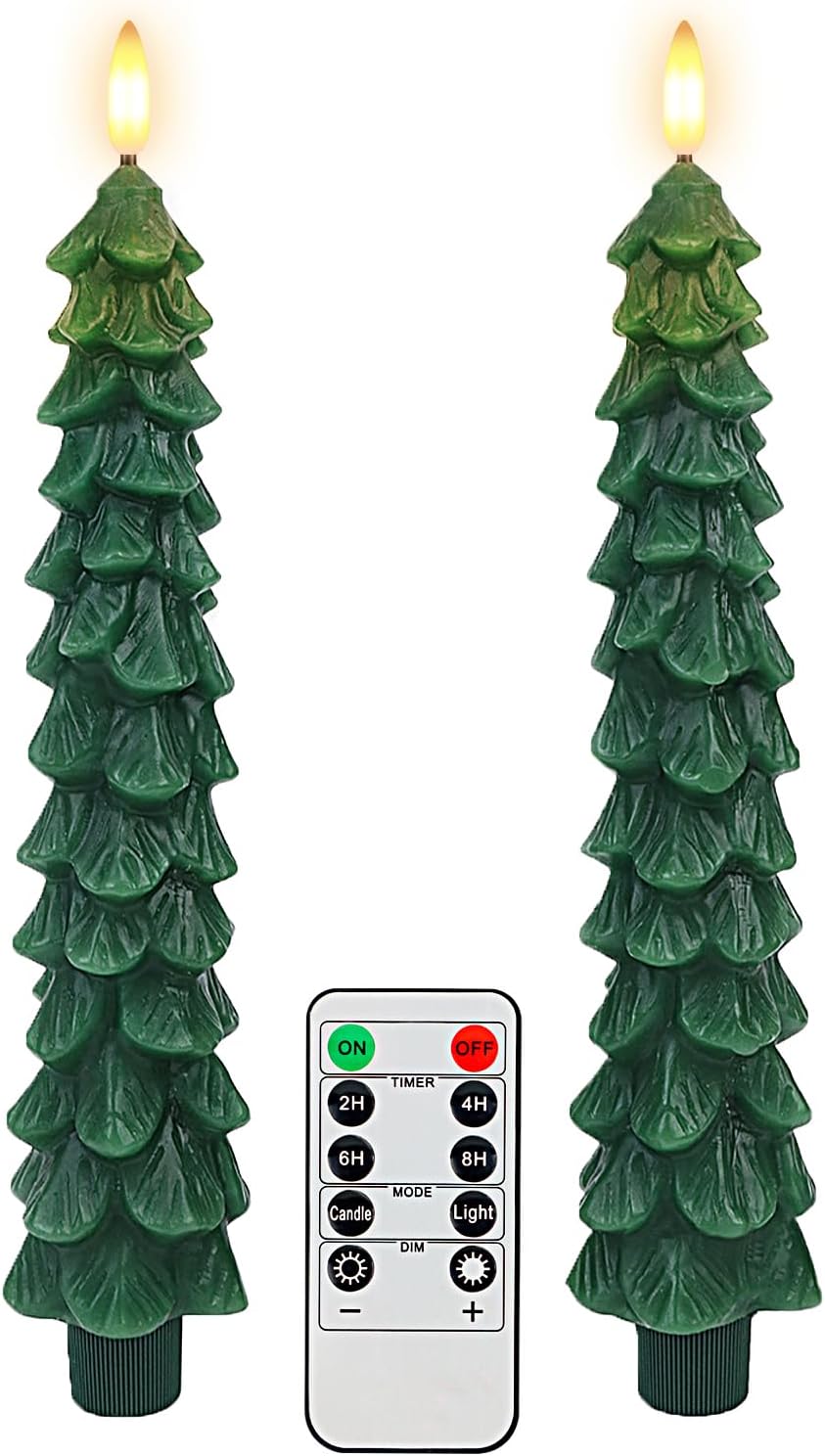 Christmas Tree Candles with Remote Timer, 2 Pack Flameless LED Taper Candles Battery Operated, 3D Flame Flickering, Green Waxy Christmas Candlesticks for Home Fireplace Decor, 0.78" x 9.5"