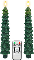 Christmas Tree Candles with Remote Timer, 2 Pack Flameless LED Taper Candles Battery Operated, 3D Flame Flickering, Green Waxy Christmas Candlesticks for Home Fireplace Decor, 0.78" x 9.5"