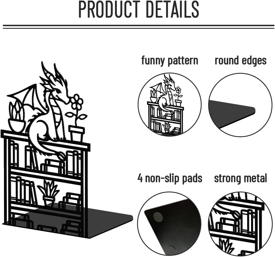 WADORN Dragon Reading Book Metal Bookends for Shelves Decorative 1 Pair, Heavy Duty Books End Support Non-Skid Book Holder Black L-Shaped Book Stopper for Home Office Desk Book Divider, 4.7x3.5x7 Inch