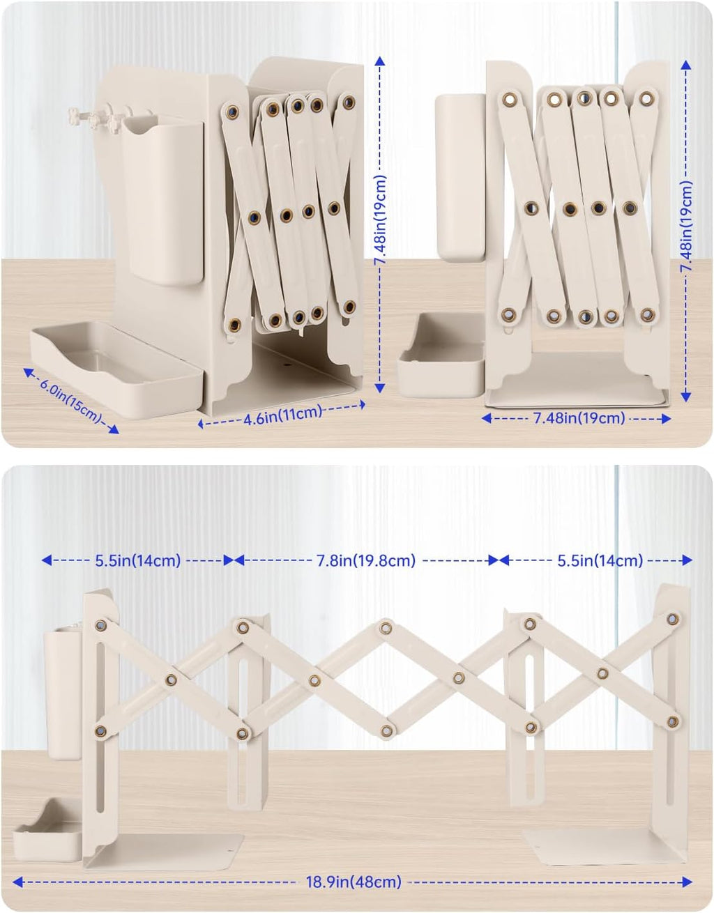 Honagu Adjustable Bookends, Metal Book Ends for Shelves Heavy Book, Bookend for Home, Office, Books, Papers, Book Stopper with Removable Hook, Pen Holder, Gifts for Students, Teachers（Milky White）