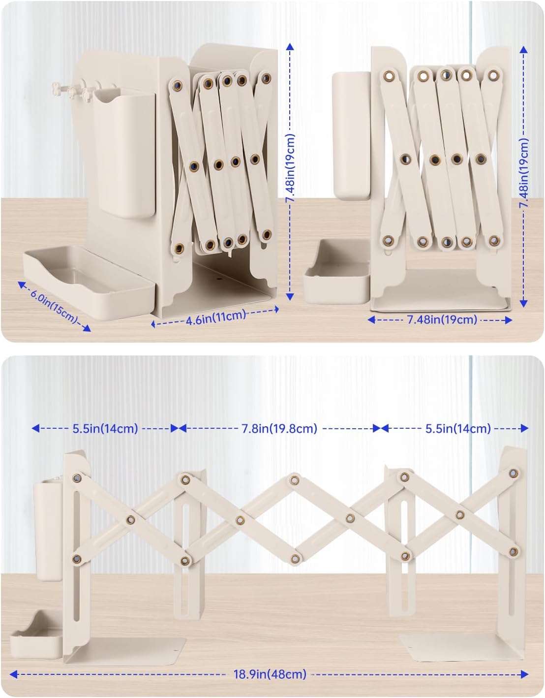 Honagu Adjustable Bookends, Metal Book Ends for Shelves Heavy Book, Bookend for Home, Office, Books, Papers, Book Stopper with Removable Hook, Pen Holder, Gifts for Students, Teachers（Milky White）