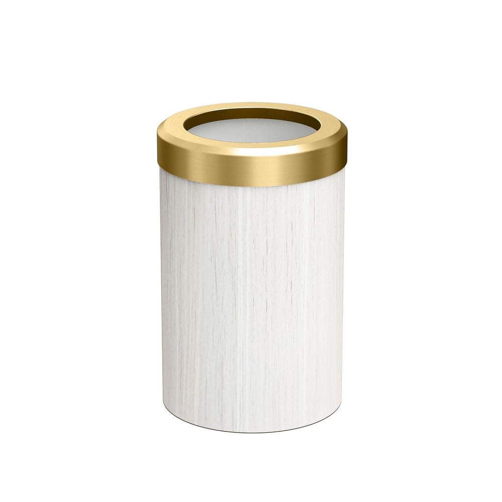 Gatco Small Bathroom Trash Can with Lid, Round 3 Gallon Wastebasket, Under Sink, White Oak with Brushed Brass, for Bathroom, Bedroom, Office (1932B)
