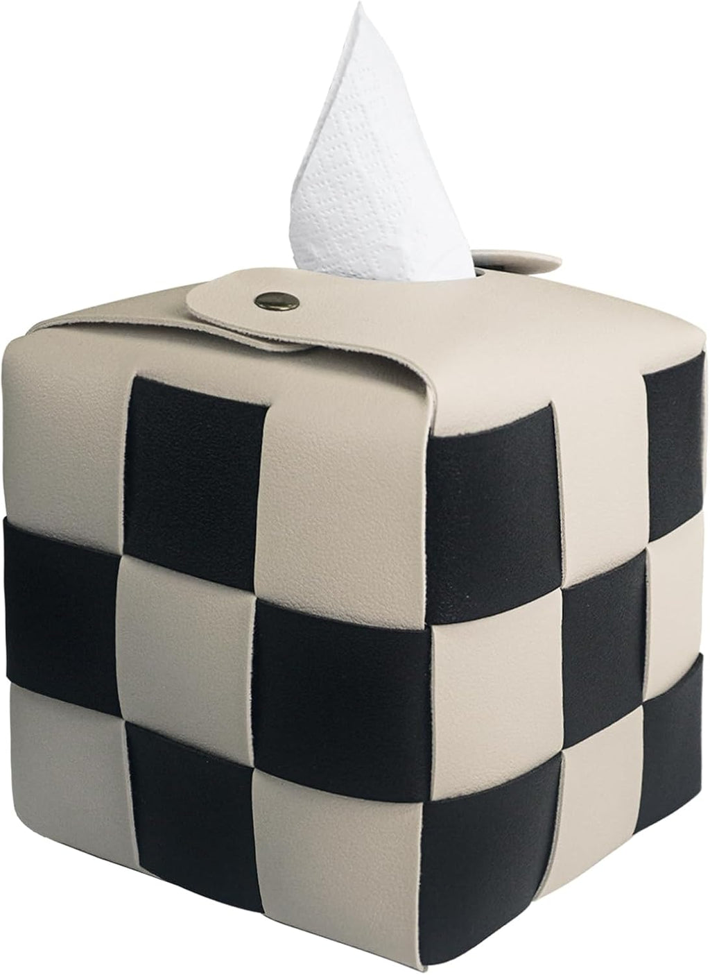 MSJGA Tissue Box Cover, Square PU Leather Tissue Box Holder with Metal Buckle, Checkered Tissue Box, Decorative Organizer for Bedroom, Vanity Desk, Nightstand, Bathroom, Office (Beige)