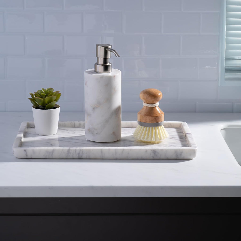 Cork & Mill Marble Tray for Bathroom Vanity, White, Large 13 x 7.5 Inch