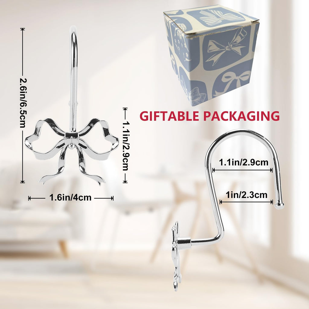Bow Shower Curtain Hooks, 12-Pack Silver Metal Decorative Bow Knot Rings