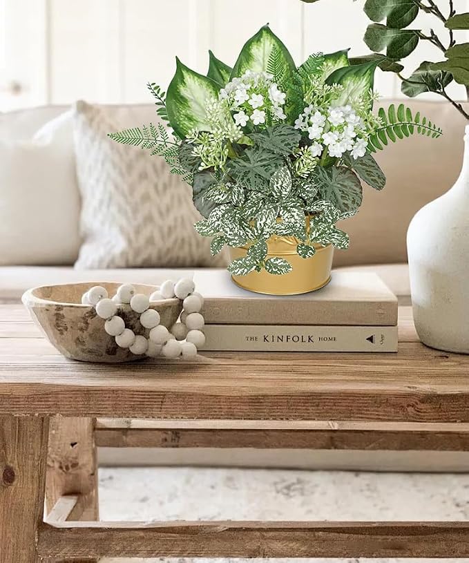 Fake Plants 11.8" Artificial Potted Plant Assorted Faux Plants in Gold Pot Silk Plants Artificial Plants Indoor for Home Living Room Bedroom Bathroom Office Table Centerpieces Shelf Greenery Decor