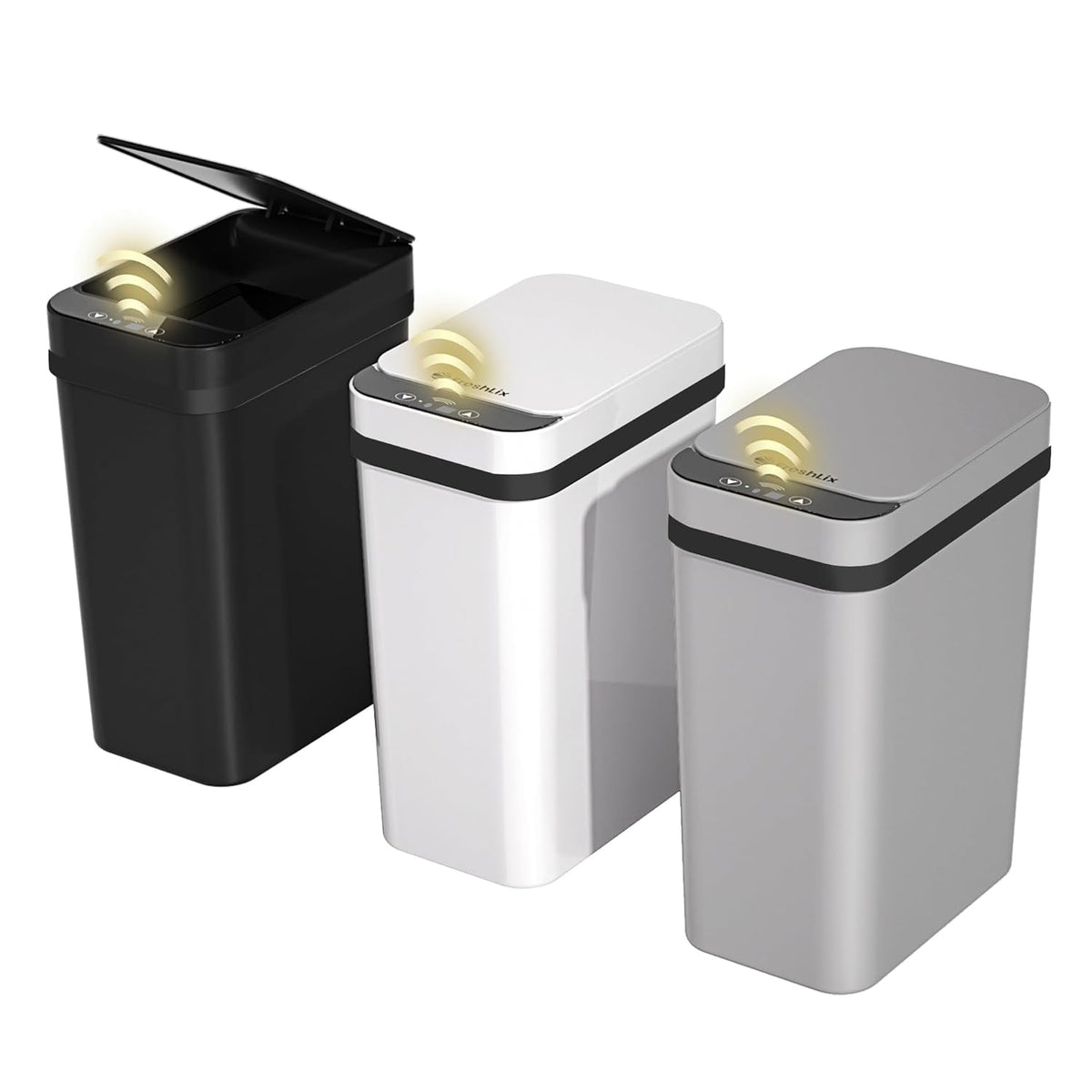 FRESHLIX 3 Pack Bathroom Trash Can 2.5 Gallon Small Touchless Automatic Motion Sensor Trash Cans Slim Waterproof Garbage Bin with Lid for Kitchen, Office, Bedroom Black White Grey