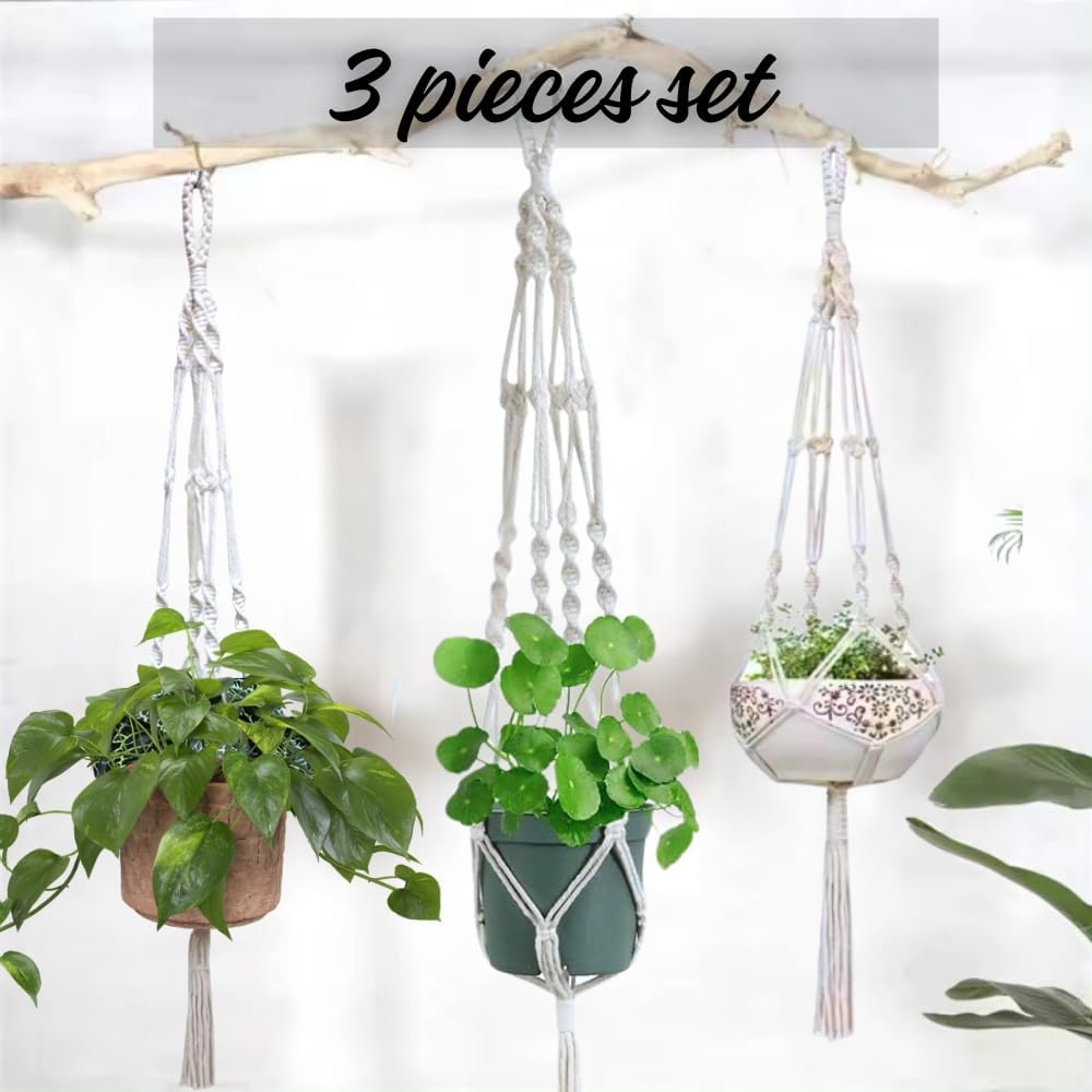 3 Pack Macrame Plant Hanger Indoor Hanging Planter for Plants Holder, Hanging Pot Holder Macrame Decorative Flower Pot Holder with 3 Hooks for Indoor Outdoor Boho Home Décor, Ivory (POTS NOT INCLUDED)