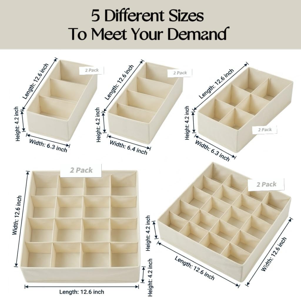 SUREMAX 10-Pack Underwear Organizer for Clothing, Sock, Bra, Off-White