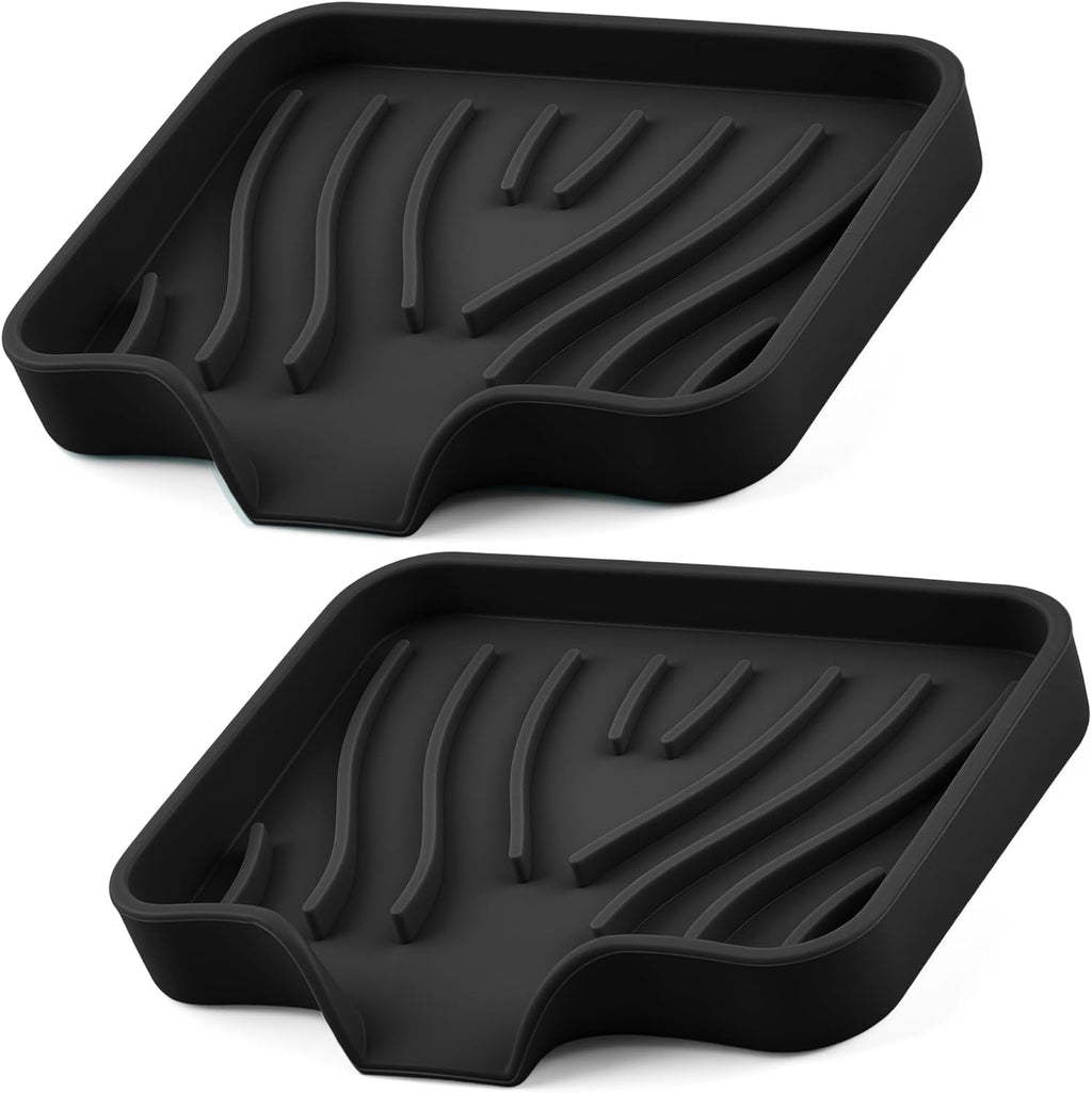 Silicone Soap Dish with Drain Spouts, Bar Soap Holder, Self-Draining Sink Organizer Kitchen Sponge Tray, Non-Slip Dispensers for Bathroom, Kitchen (Black, 2 Short)