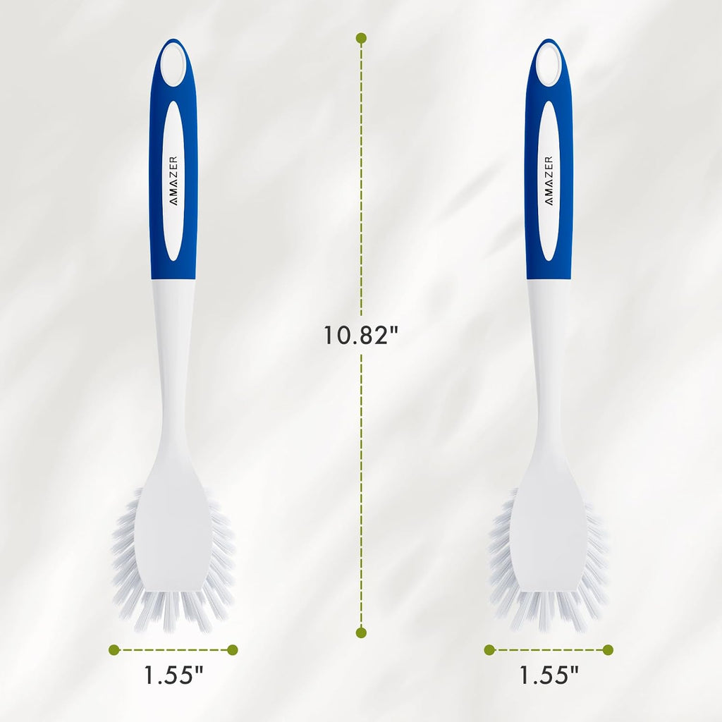 Amazer Dish Brush with Handle, 2 Pack Kitchen Scrub Brushes with Built-in Scraper for Cleaning, Dish Scrubber with Stiff Bristles for Sink, Pots, Pans (Blue+Blue)