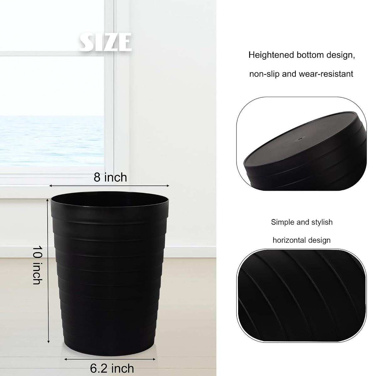 UUJOLY Small Bathroom Trash Can Wastebasket, Plastic Garbage Bin Container Basket for Bathrooms, Laundry Room, Kitchens, Offices, Kids Rooms, Dorms, Black, 1.8 Gallon