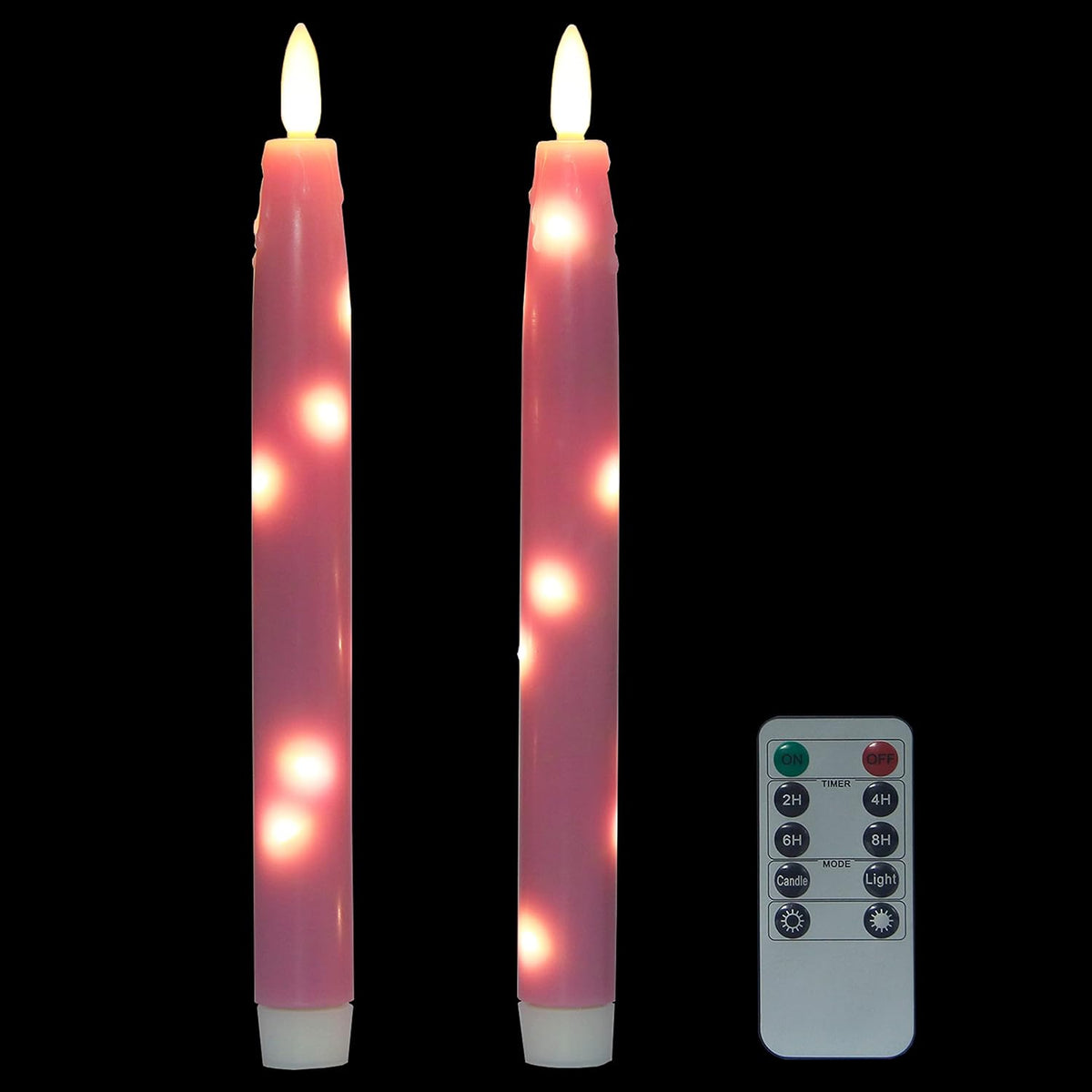 Flameless Flickering Taper Candles Battery Operated with Embedded String Lights, wtih Timer and Remote, LED Real Wax Tapered Dinner Candle Set of 2 (Pink)