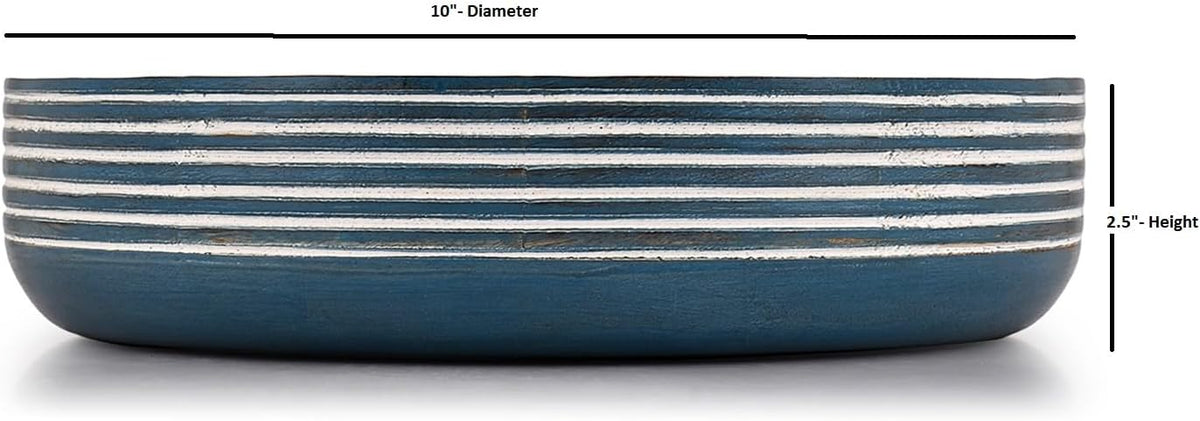 NIRMAN Mango Wood Fruit Bowl Rustic Blue Finish Decorative Serving Bowl Wooden Centerpiece for Kitchen Counter, Dining Table | (10" X 10" X 2.5")