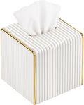 White Tissue Box Cover Square,Cube Tissues Holder with Gold Edging