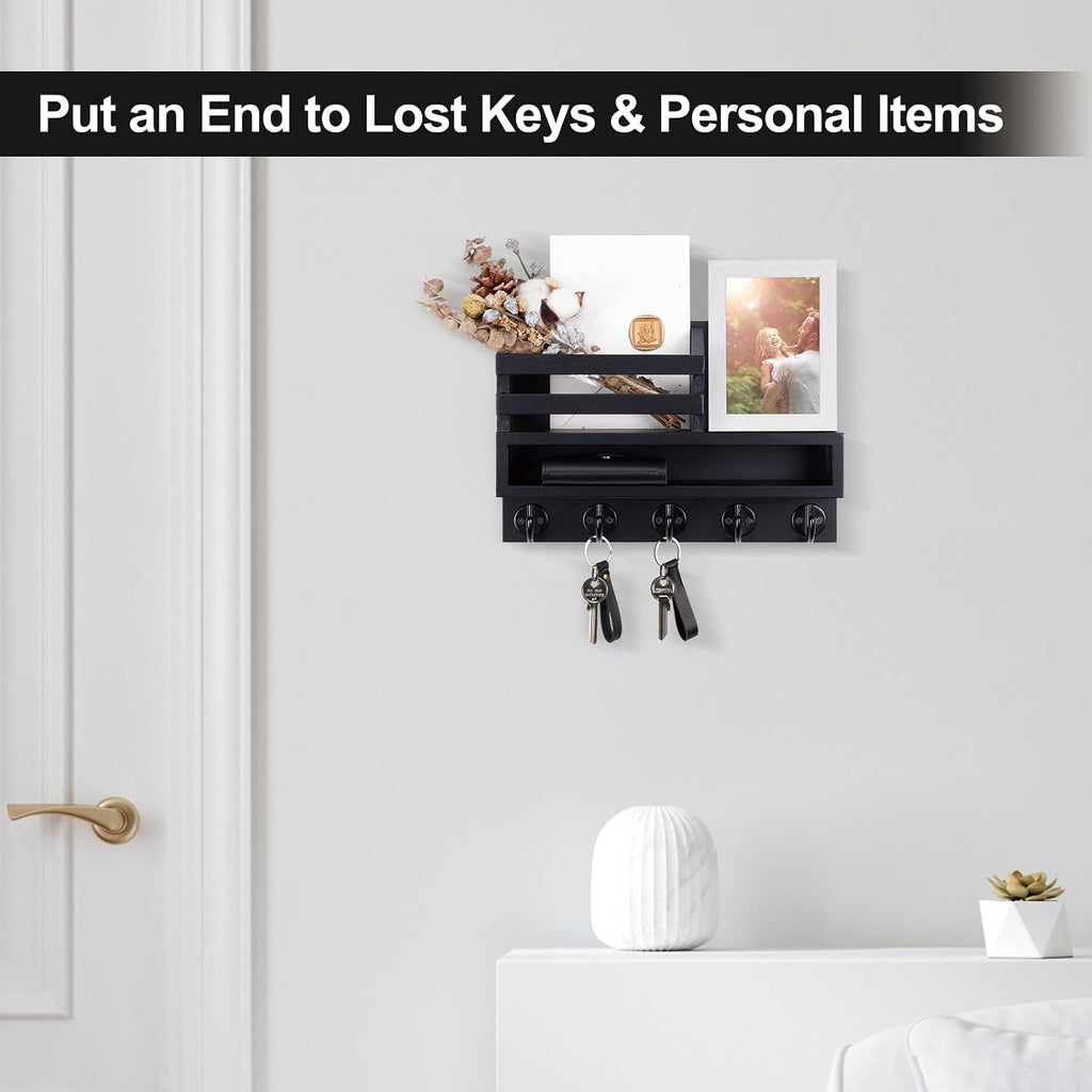 Key and Mail Holder Wall Mount, Key Hanger with Long Storage Box and 5 Hooks for Coat, Dog Leash, Home Decor Rack, House Accessories, Entry Way Organizer 11.8”W x 7.8”H x 3.2”D