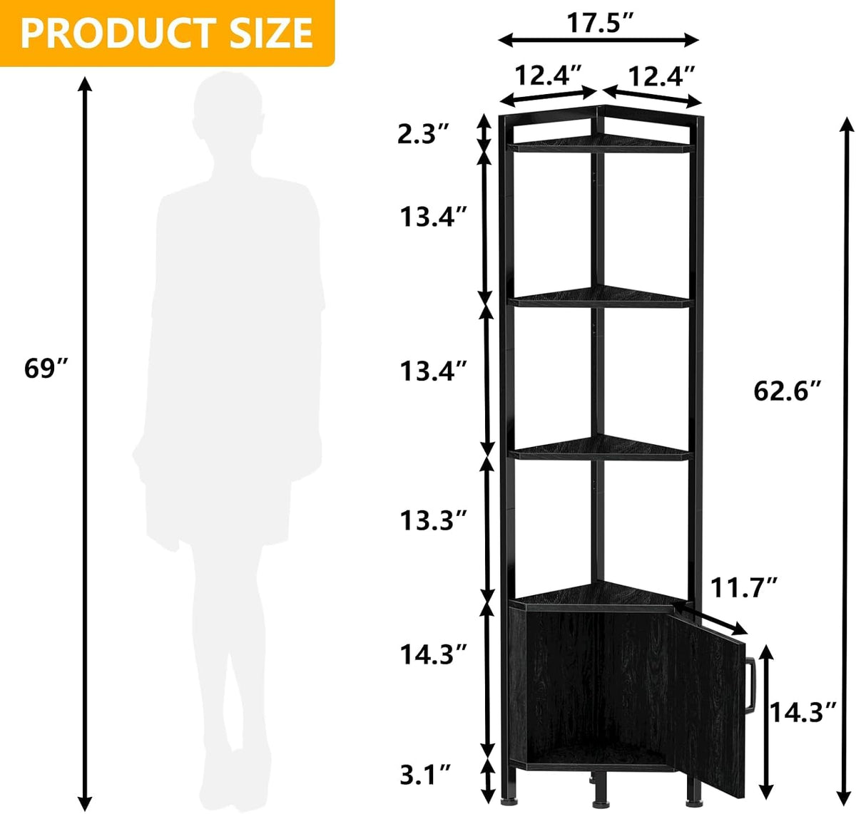 Furnulem 5-Tier Corner Shelf with LED Light,Black Corner Cabinet with Doors