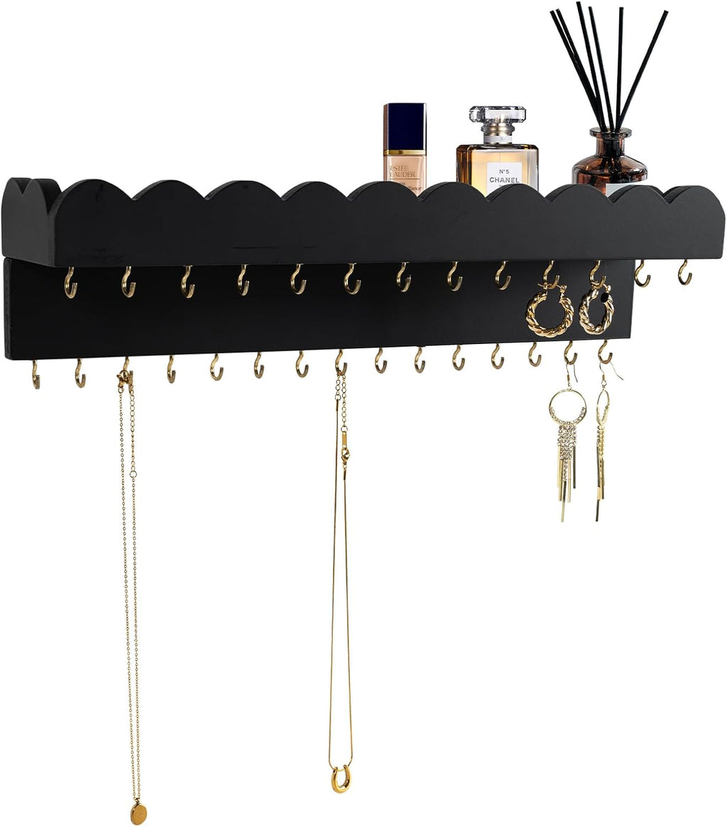 Wall Mount Jewelry Organizer with 28 Hooks and Cosmetics Shelf, Modern Wood Hanging Jewelry Holder for Necklaces, Bracelets, Earrings and Rings, Black
