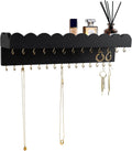 Wall Mount Jewelry Organizer with 28 Hooks and Cosmetics Shelf, Modern Wood Hanging Jewelry Holder for Necklaces, Bracelets, Earrings and Rings, Black