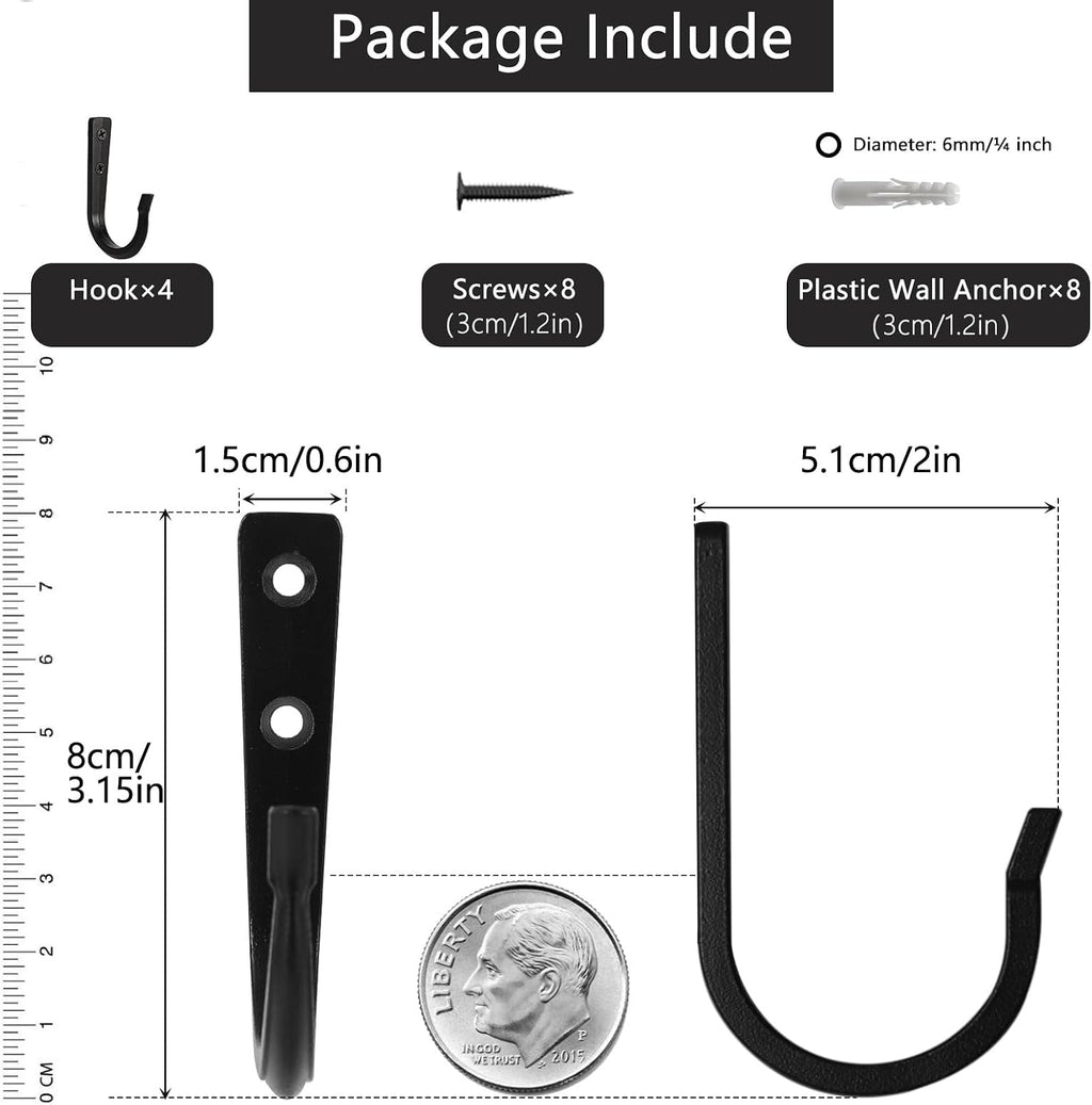 4Pcs Wall Hooks for Hanging Coat/Towel - 50LB Screw in Metal Hanger Wall Mount, for Outdoor, Closet, Door, Bathrooms, for Backpack, Robe