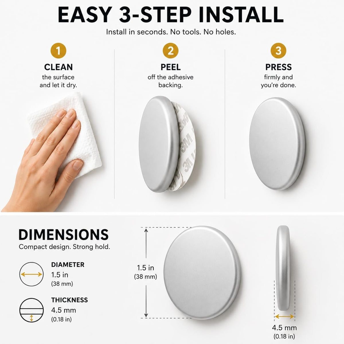 Magnetic Key Holder, 2-Pack Modern Wall Mount Key Hook, Silver Round Metal Key Ring Storage Organizer for Home & Office