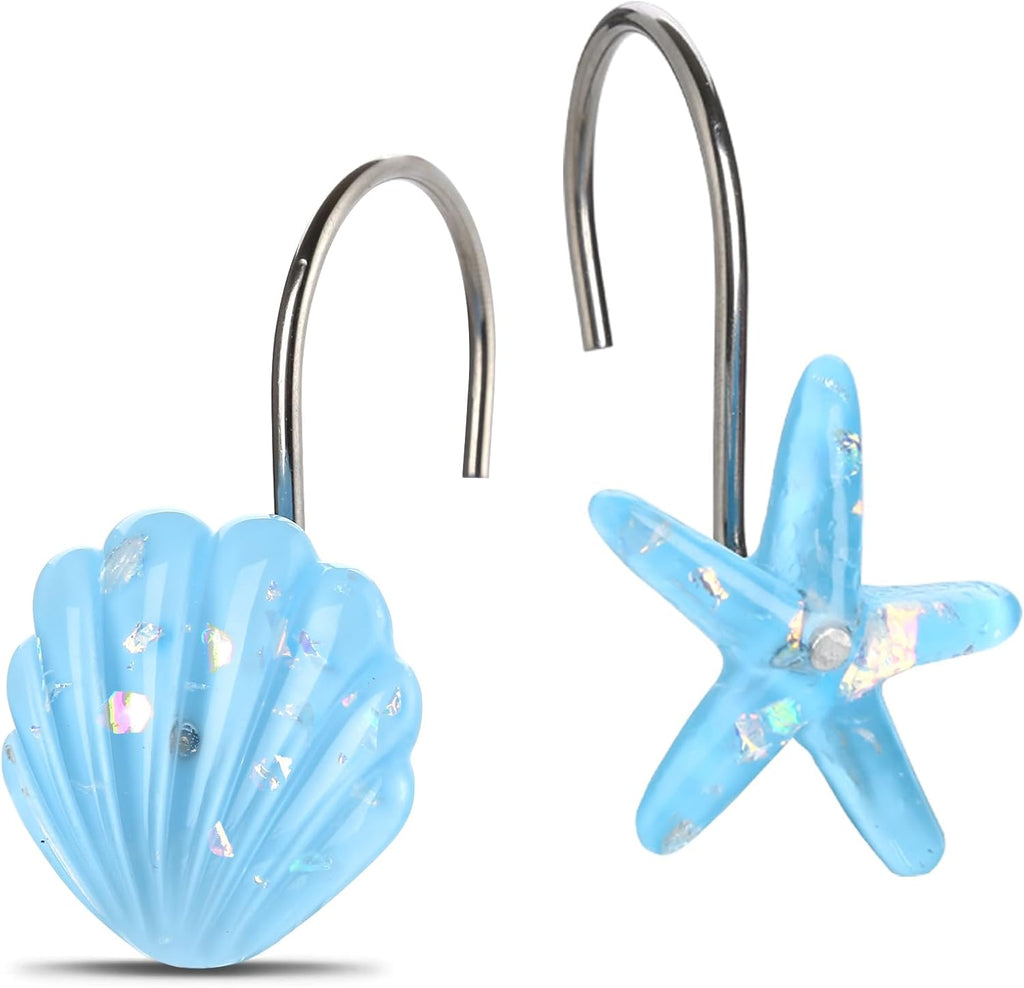 Seashell Shower Curtain Hooks, 12PCS Stainless Steel Anti Rust Starfish and Seashell Decorative Shower Hooks Ocean Theme Shower Curtain Hooks for Home Bathroom (Blue Seashell)