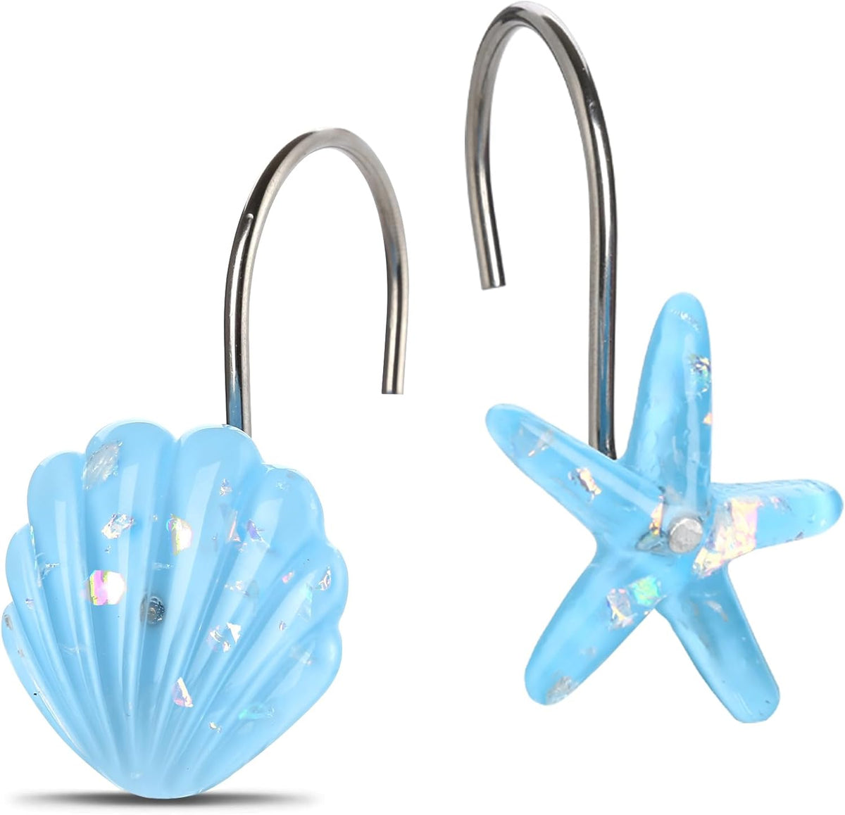 Seashell Shower Curtain Hooks, 12PCS Stainless Steel Anti Rust Starfish and Seashell Decorative Shower Hooks Ocean Theme Shower Curtain Hooks for Home Bathroom (Blue Seashell)