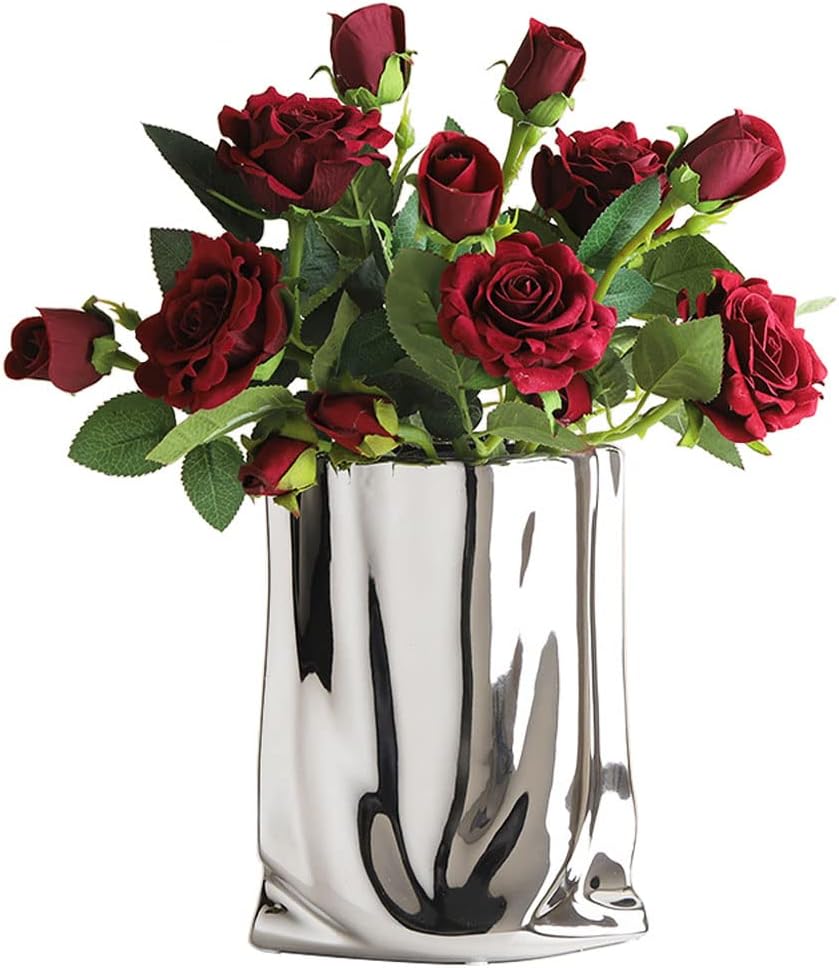 Purse Vase for Flowers, Modern Minimalist Metallic Luster Silver Ceramic Vase, for Home Decor, Table, Living Room Decoration, Shelf Decor, Mantel (Silver-Small)