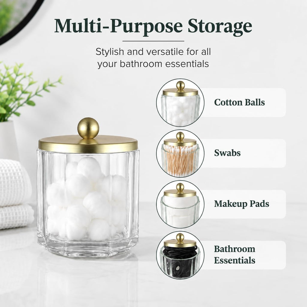 Clear Transparent Apothecary Octagional Shaped Glass Canister Jar With Gold Metal Lid Cover for Bathroom Organization, Cotton Balls, Q Tips, and Small Accessories, Bathroom Storage