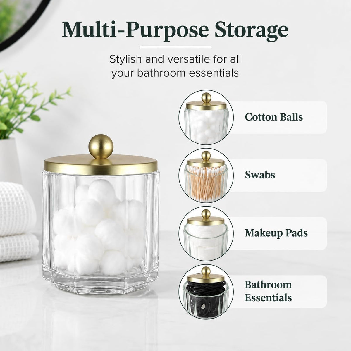 Clear Transparent Apothecary Octagional Shaped Glass Canister Jar With Gold Metal Lid Cover for Bathroom Organization, Cotton Balls, Q Tips, and Small Accessories, Bathroom Storage