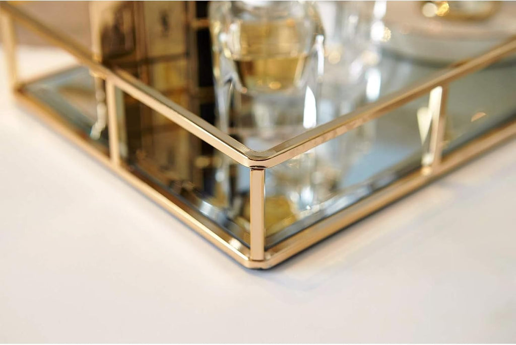 PuTwo Tray Mirror Gold Dresser Ornate Metal Decorative Jewelry Organizer
