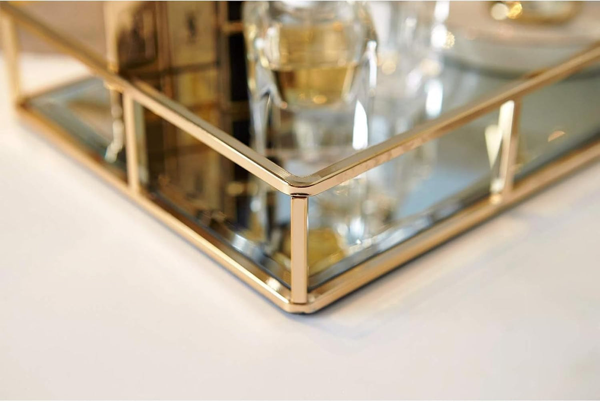 PuTwo Tray Mirror Gold Dresser Ornate Metal Decorative Jewelry Organizer