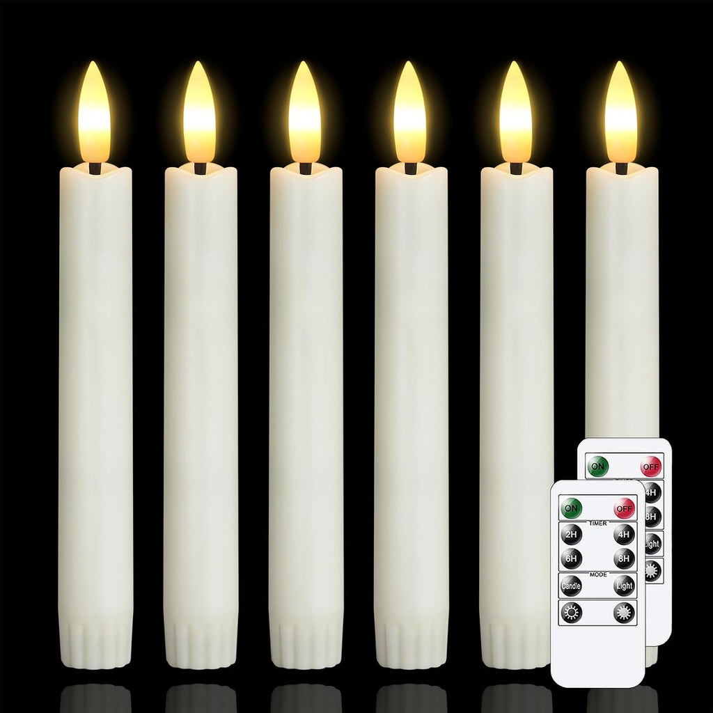 6.4 Inches Plastic LED Taper Candles with Remote and Timer,Ivory Flameless Battery Operated Flickering Candlesticks,Pack of 6 Flameless 0.78” Diameter 3D-Wick Tall Window Candles,Long-Lasting