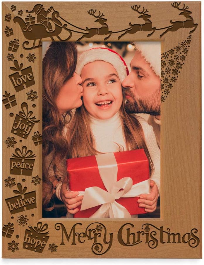 KATE POSH Merry Christmas Love Peace Joy Believe Hope, The Magic of Christmas Family Picture Frame. Santa, Reindeer and Sleigh Decor. Engraved Natural Wood Photo Frame (5x7-Vertical)