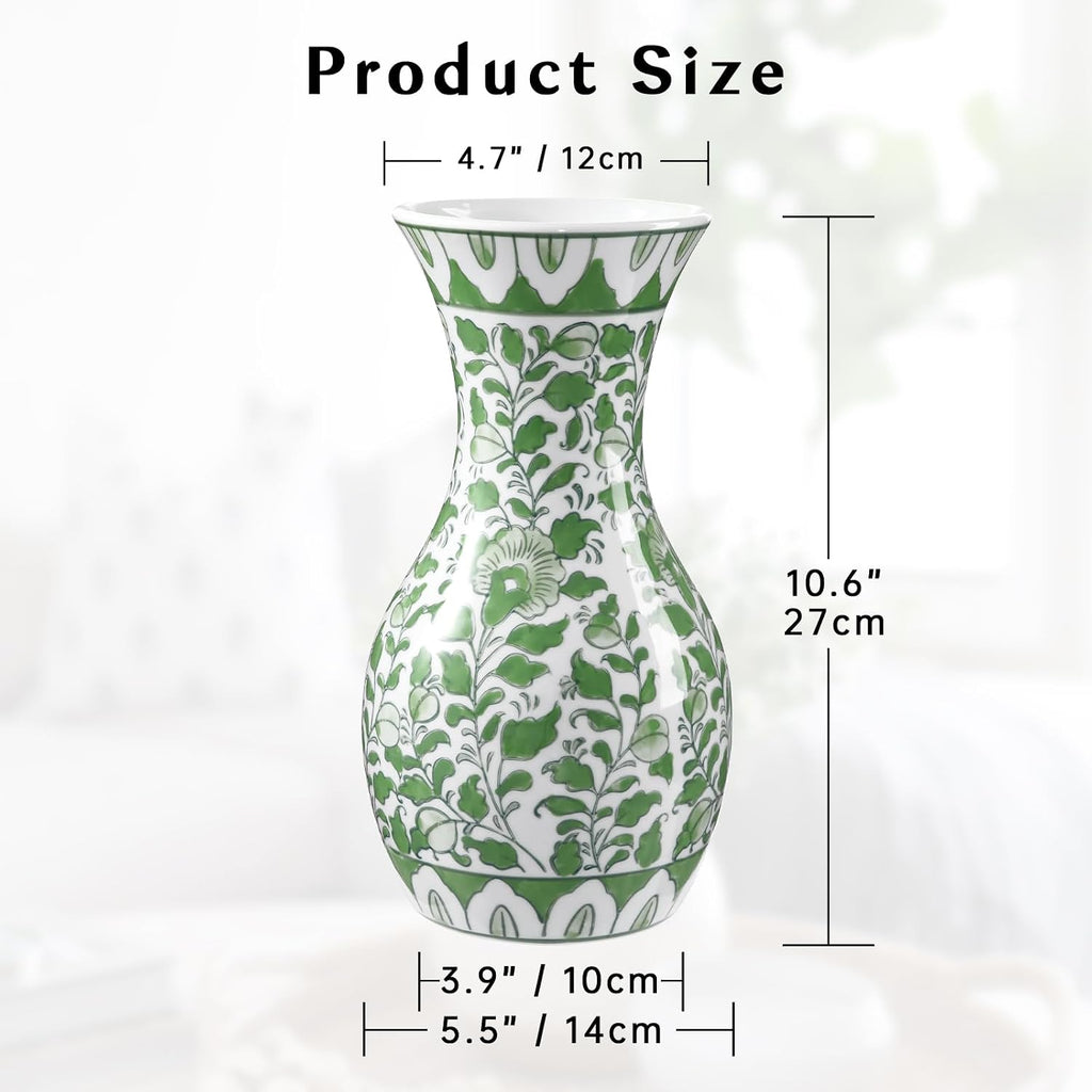 Green and White Ceramic Vase 11" Chinoiserie Flower Vase in Wide Mouth